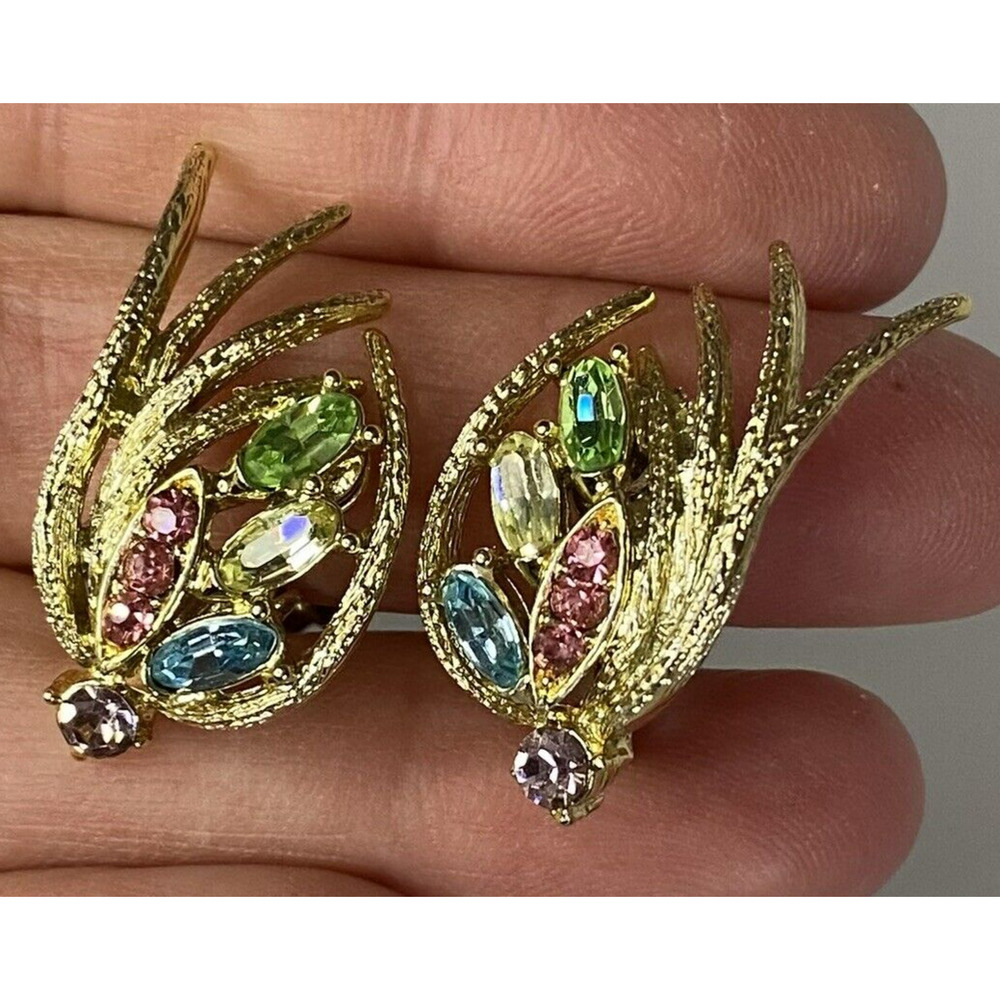 Peacock Inspired Unsigned Rhinestone Vintage Colorful Goldtone Clip Earrings HTF